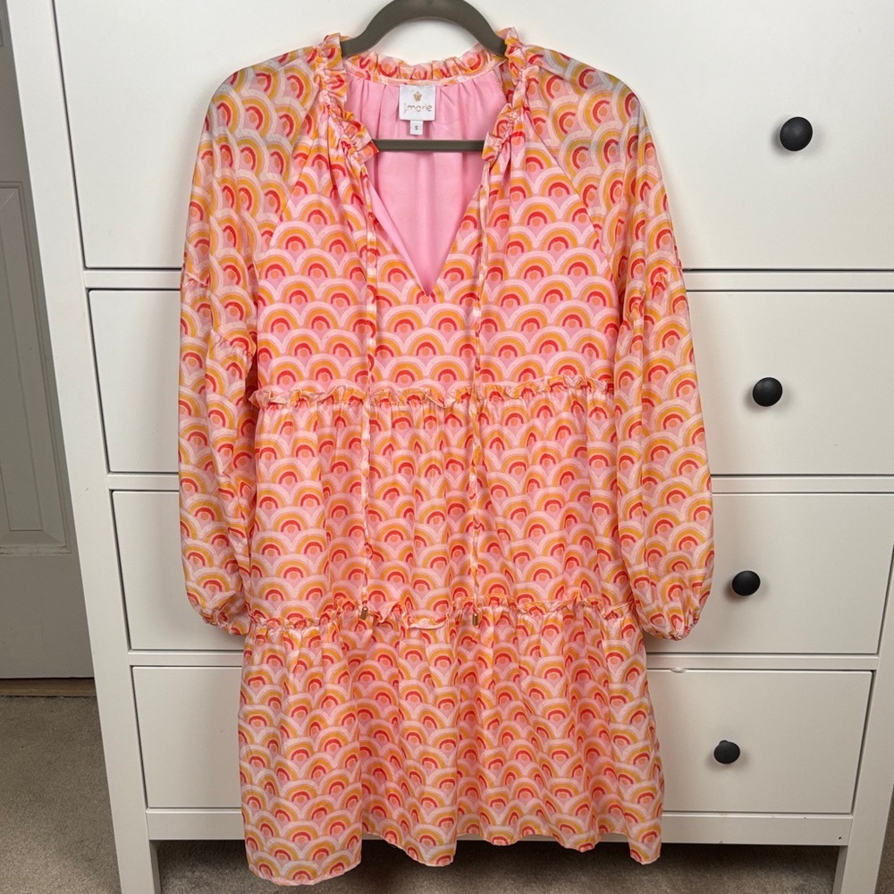 Rainbow Print Pink Tiered Long-Sleeve Dress